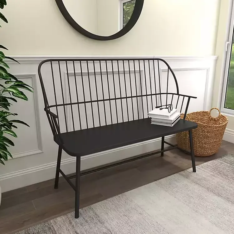 Outdoor Seating-Kirklands Home Metal Slatted Back Outdoor Bench Black