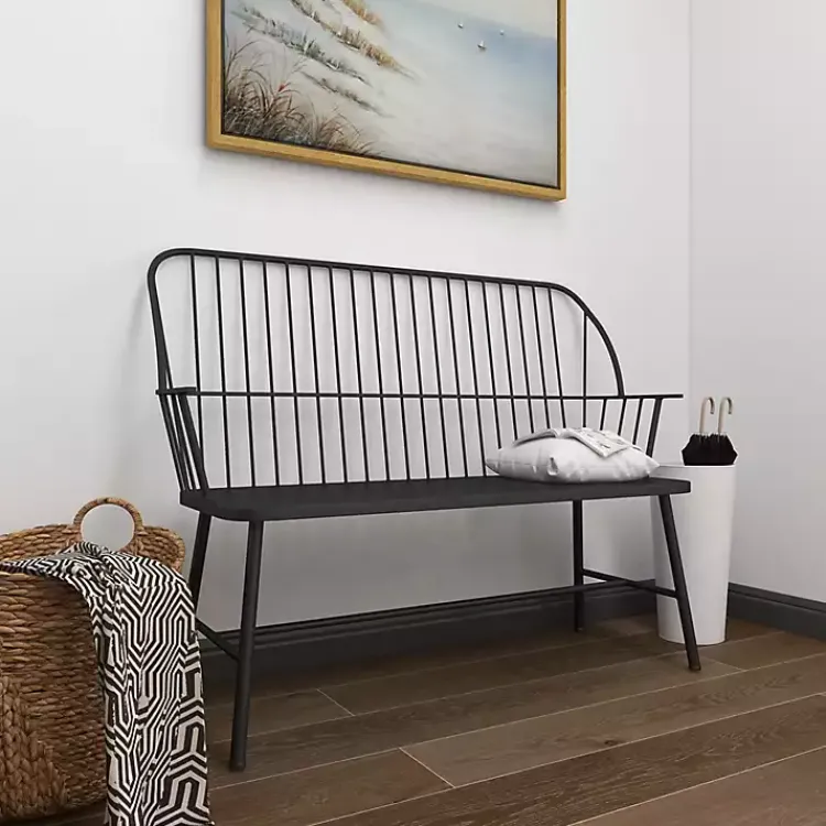 Outdoor Seating-Kirklands Home Metal Slatted Back Outdoor Bench Black