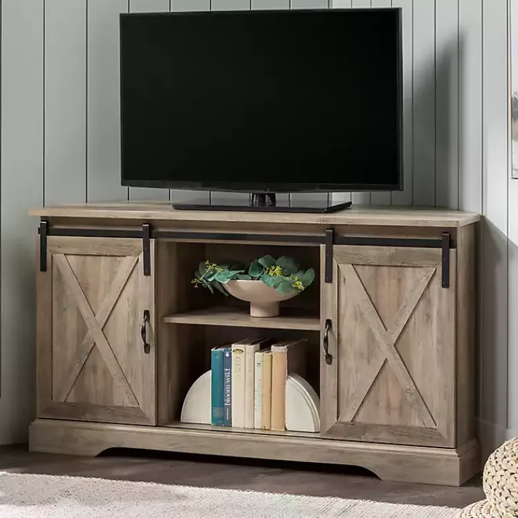 Tv Stands & Media Consoles-Kirklands Home Sliding Barn Doors Corner TV Stand Gray