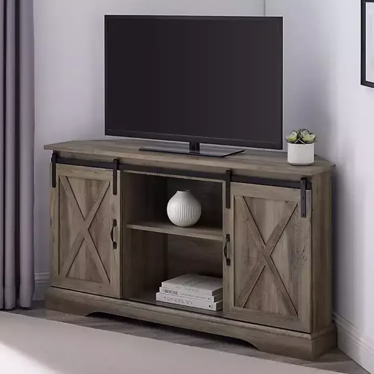 Tv Stands & Media Consoles-Kirklands Home Sliding Barn Doors Corner TV Stand Gray