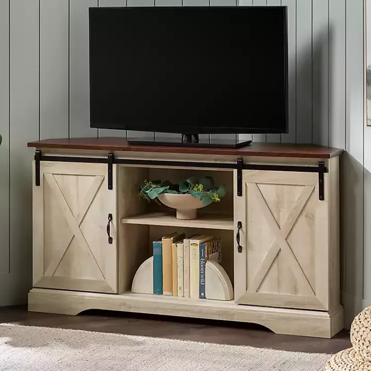 Tv Stands & Media Consoles-Kirklands Home White Oak Sliding Barn Doors Corner TV Stand Ivory