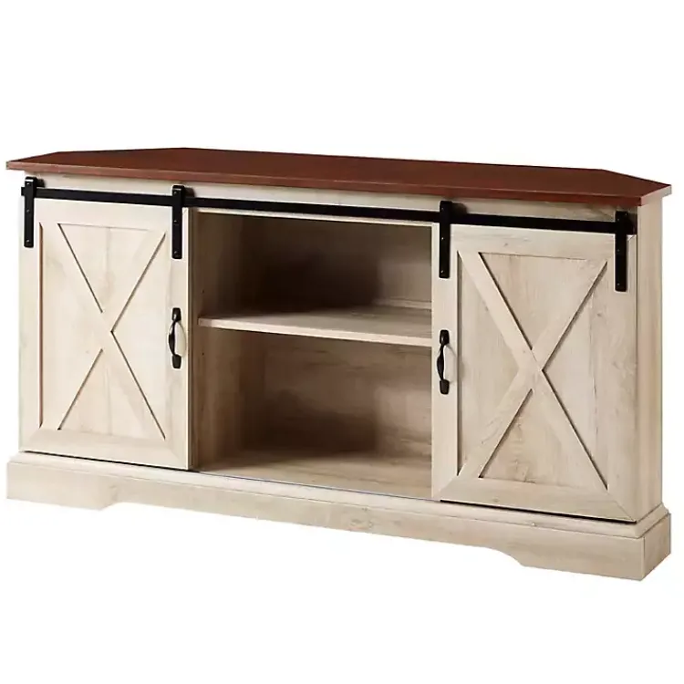 Tv Stands & Media Consoles-Kirklands Home White Oak Sliding Barn Doors Corner TV Stand Ivory