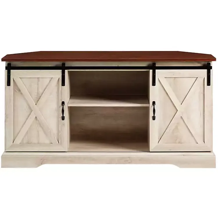 Tv Stands & Media Consoles-Kirklands Home White Oak Sliding Barn Doors Corner TV Stand Ivory