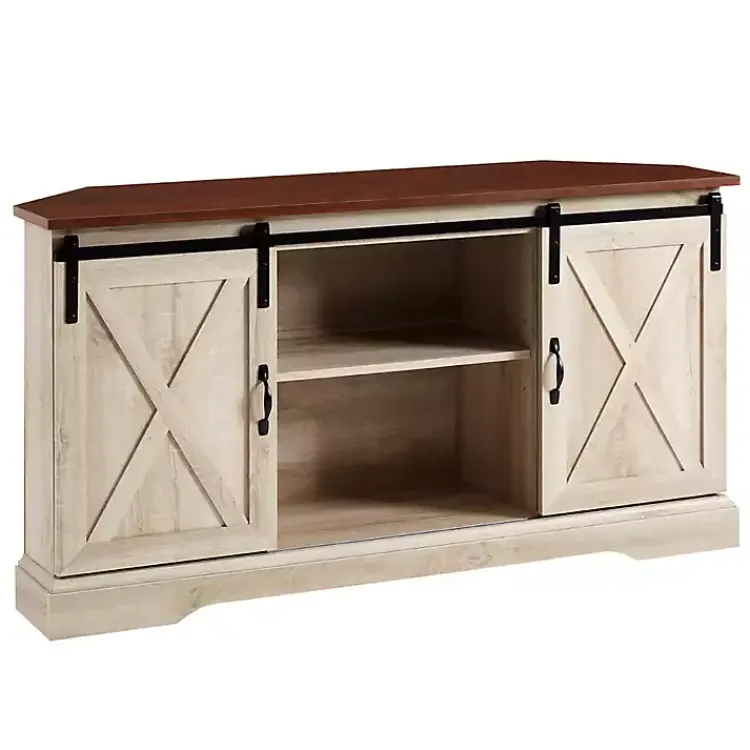 Tv Stands & Media Consoles-Kirklands Home White Oak Sliding Barn Doors Corner TV Stand Ivory