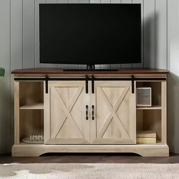 Tv Stands & Media Consoles-Kirklands Home White Oak Sliding Barn Doors Corner TV Stand Ivory