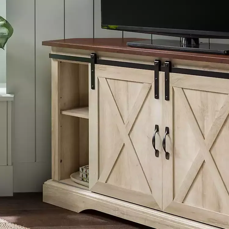 Tv Stands & Media Consoles-Kirklands Home White Oak Sliding Barn Doors Corner TV Stand Ivory