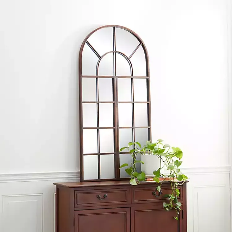 Decorative Mirrors-Kirklands Home Metal Arch Frame Windowpane Wall Mirror Brown