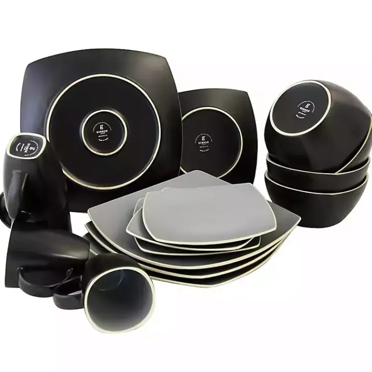 Dinnerware-Kirklands Home Matte Gray and Black 16-pc. Dinnerware Set