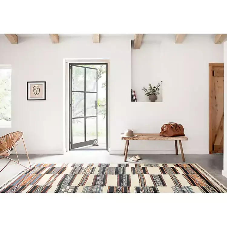 Outdoor Rugs-Kirklands Home Ivory and Multicolored Tribal Outdoor Rug, 6x9