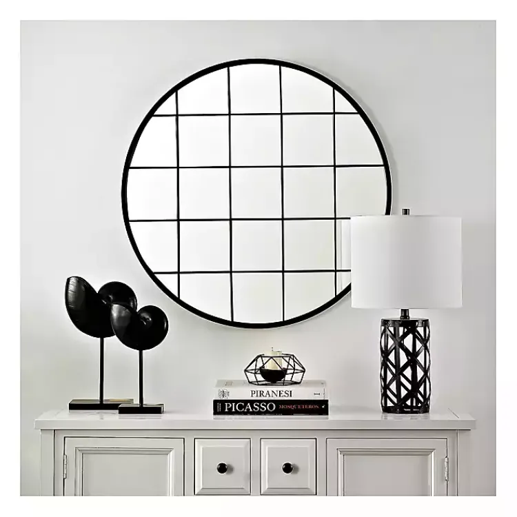 Decorative Mirrors-Kirklands Home Black Metal Grid Frame Round Wall Mirror