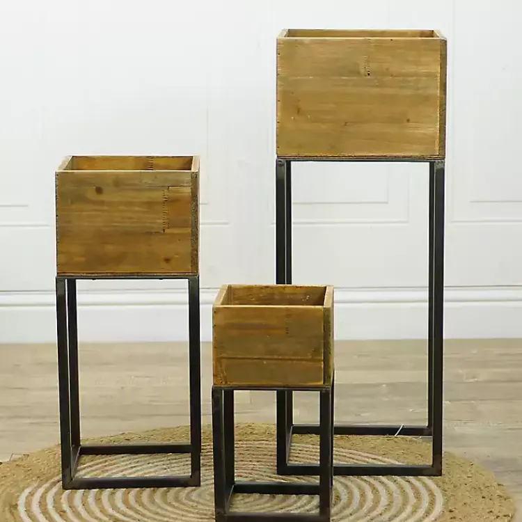 Planters-Kirklands Home Natural Wood with Metal Base Planters, Set of 3