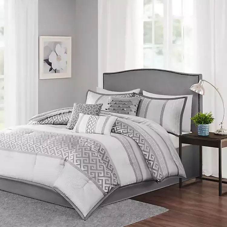 Comforters-Kirklands Home Silver Geometric Stripes 7-pc. Queen Comforter Set