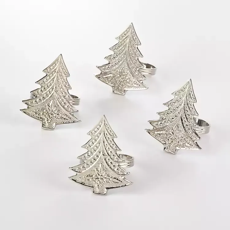 Table Linens-Kirklands Home Art Deco Christmas Tree Napkin Rings, Set of 4 Silver