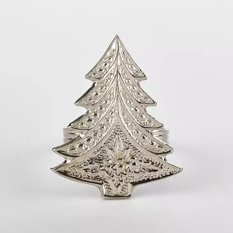 Table Linens-Kirklands Home Art Deco Christmas Tree Napkin Rings, Set of 4 Silver