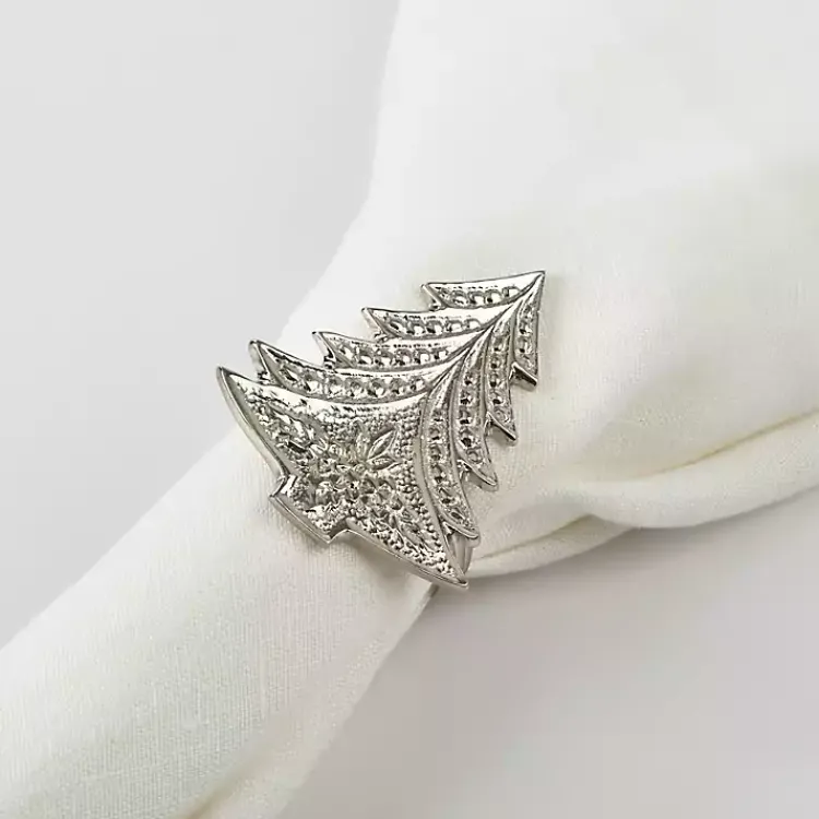 Table Linens-Kirklands Home Art Deco Christmas Tree Napkin Rings, Set of 4 Silver