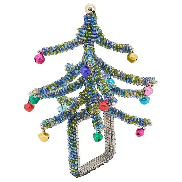 Table Linens-Kirklands Home Blue Beaded Christmas Tree Napkin Rings, Set of 4