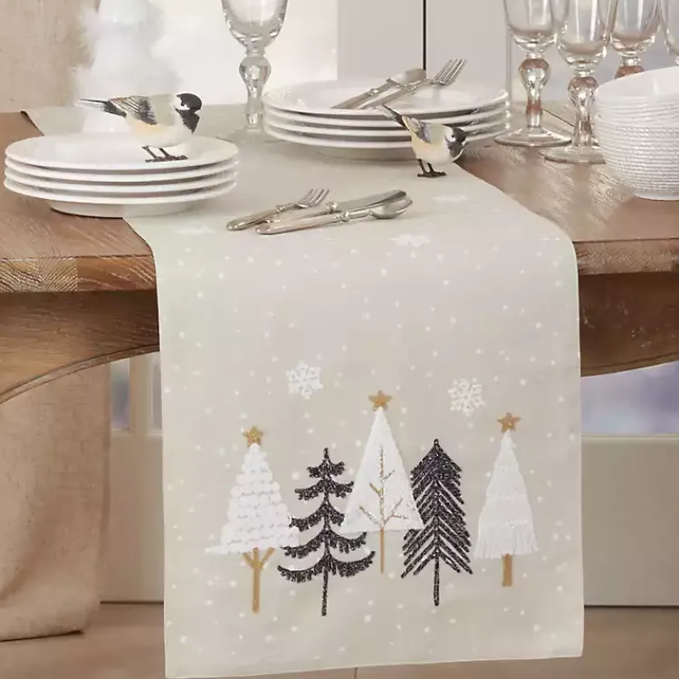 Table Linens-Kirklands Home Natural Embroidered Christmas Trees Table Runner