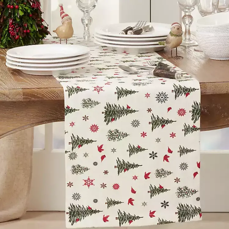 Table Linens-Kirklands Home Green Christmas Trees and Snowflakes Table Runner