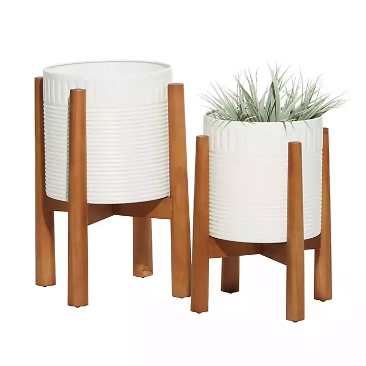 Planters-Kirklands Home Corrugated Iron and Wood Planters, Set of 2 White