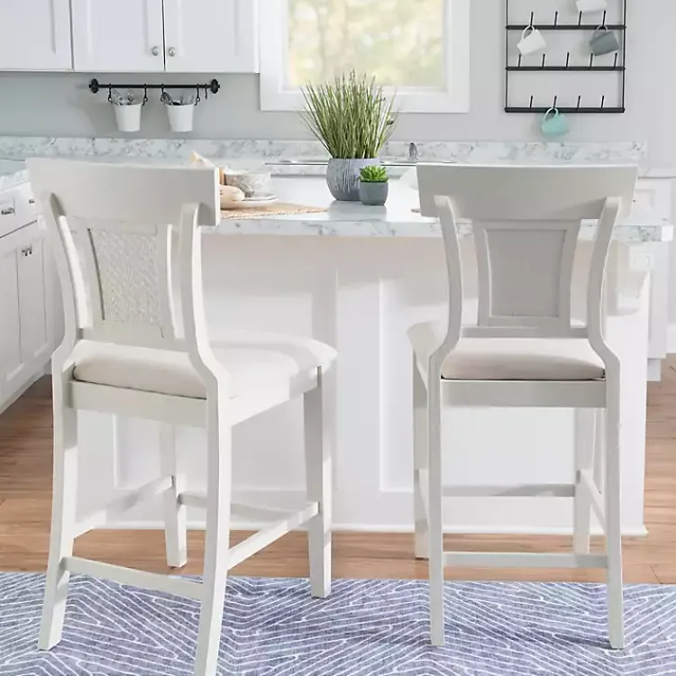 Bar Stools & Counter Height Stools-Kirklands Home Wood and Rattan Upholstered Counter Stool White
