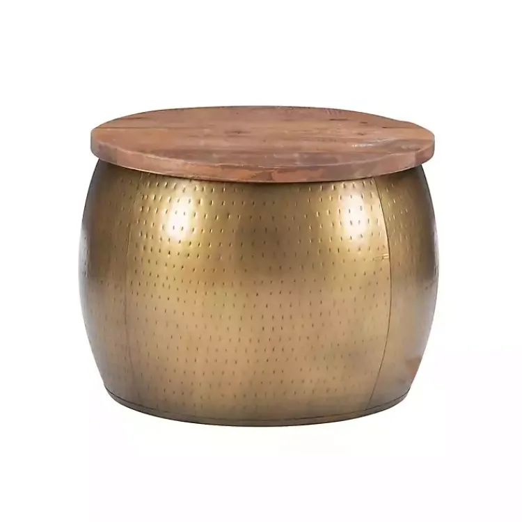 Coffee Tables-Kirklands Home Brass Hammered Drum Storage Coffee Table Brown