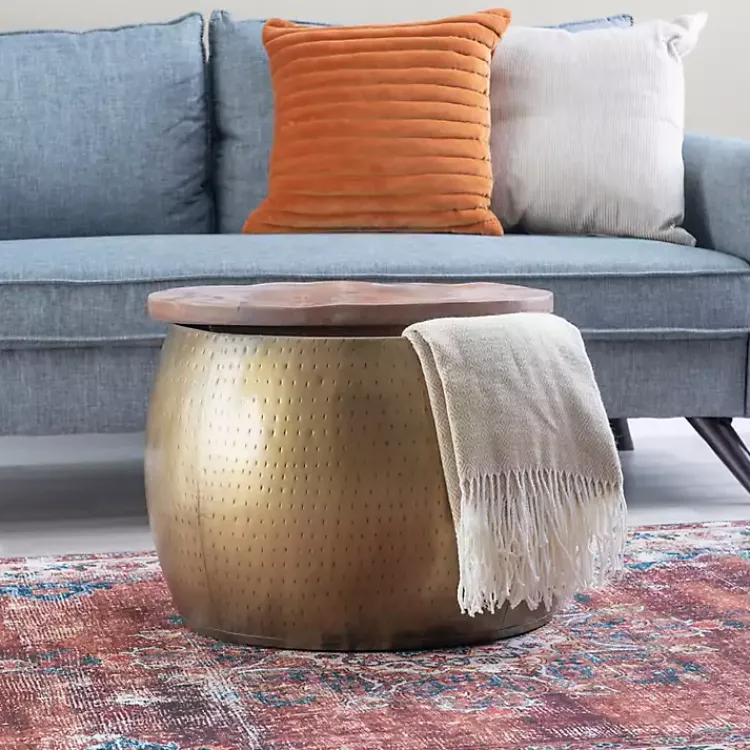 Coffee Tables-Kirklands Home Brass Hammered Drum Storage Coffee Table Brown