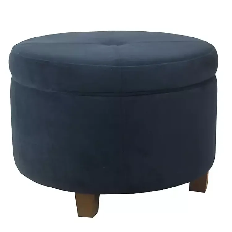 Benches & Ottomans-Kirklands Home Navy Velvet Upholstered Round Storage Ottoman Blue