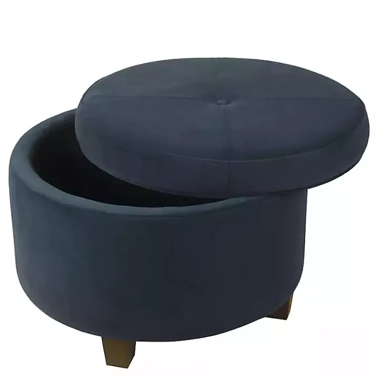 Benches & Ottomans-Kirklands Home Navy Velvet Upholstered Round Storage Ottoman Blue