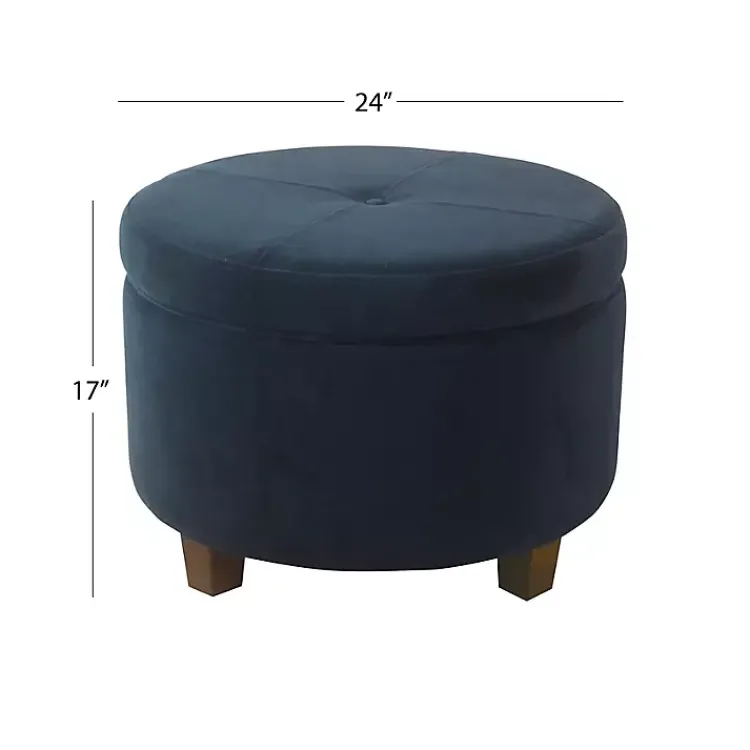 Benches & Ottomans-Kirklands Home Navy Velvet Upholstered Round Storage Ottoman Blue