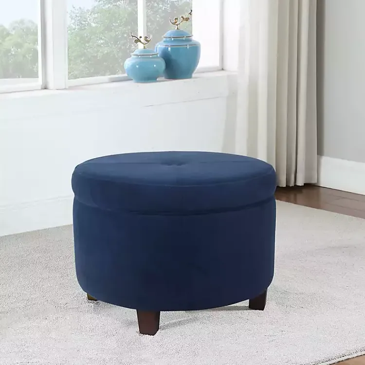 Benches & Ottomans-Kirklands Home Navy Velvet Upholstered Round Storage Ottoman Blue