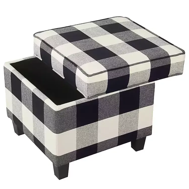 Benches & Ottomans-Kirklands Home Cream Buffalo Plaid Upholstered Storage Ottoman