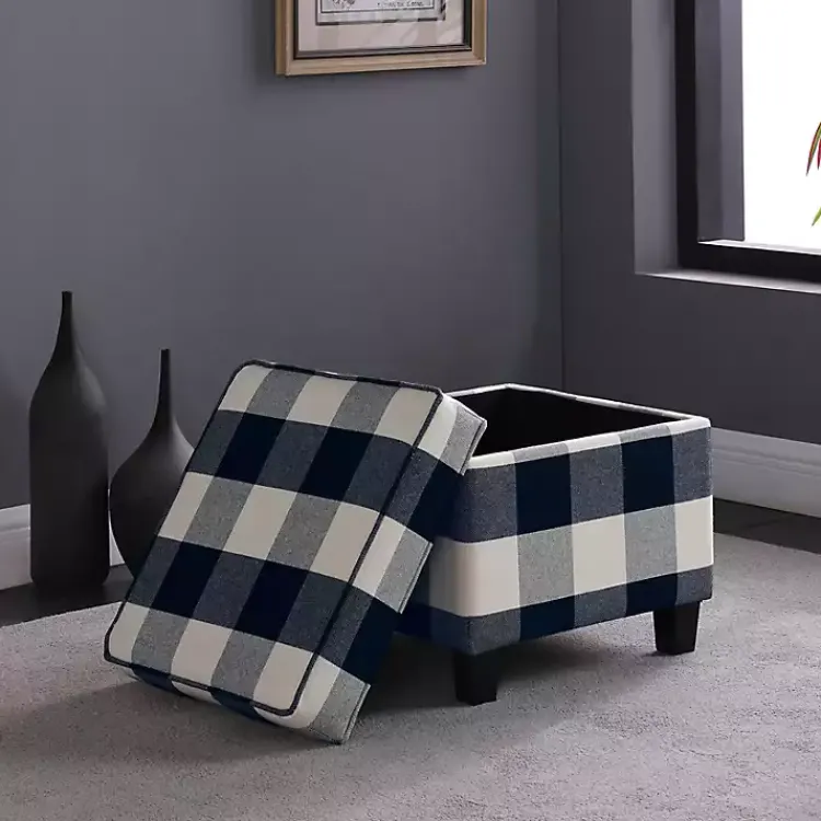 Benches & Ottomans-Kirklands Home Cream Buffalo Plaid Upholstered Storage Ottoman
