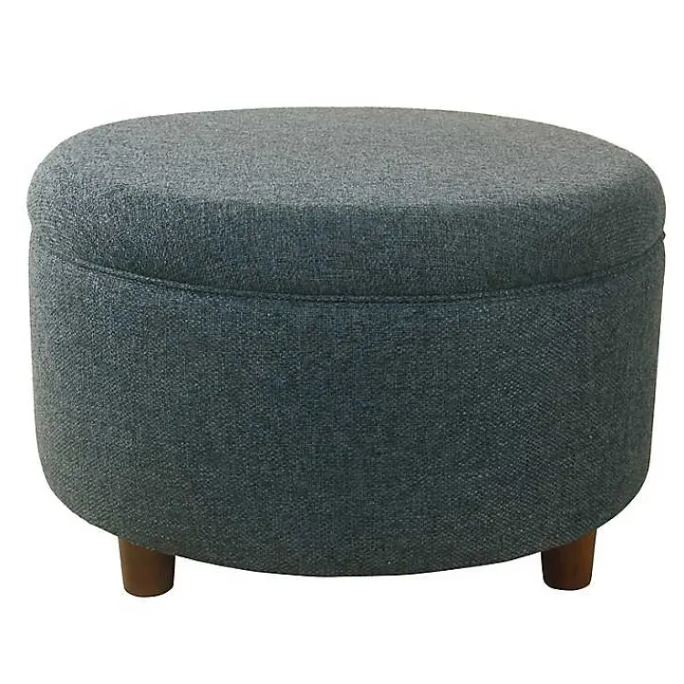 Benches & Ottomans-Kirklands Home Navy Upholstered Round Storage Ottoman Blue