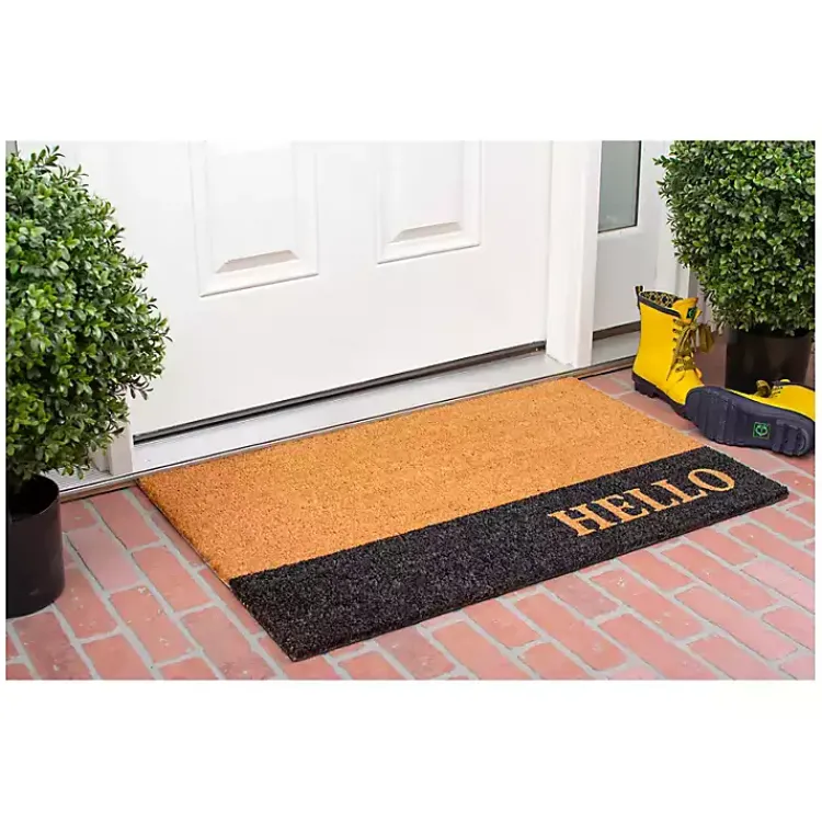Doormats-Kirklands Home Black Hello Bold Stripe Coir Doormat, 24 in.