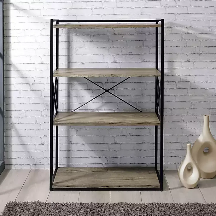 Bookshelves-Kirklands Home Gray Finish X Frame Open Shelf Bookcase