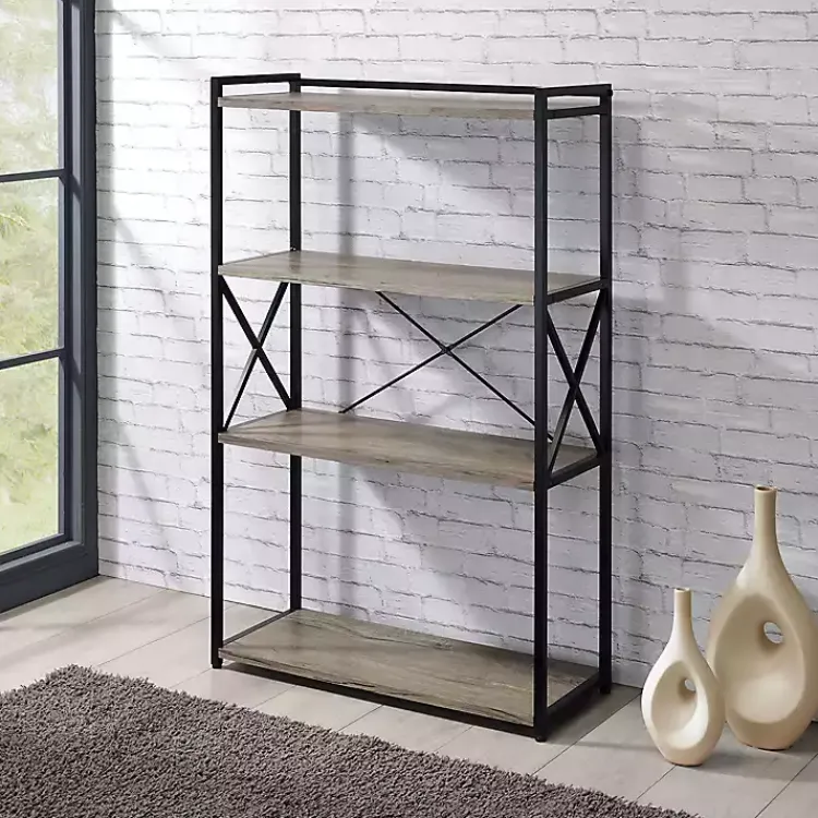 Bookshelves-Kirklands Home Gray Finish X Frame Open Shelf Bookcase