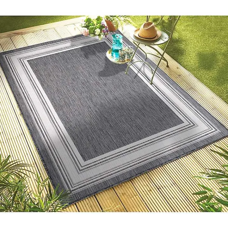 Outdoor Rugs-Kirklands Home Gray Striped Border Outdoor Area Rug, 7x9