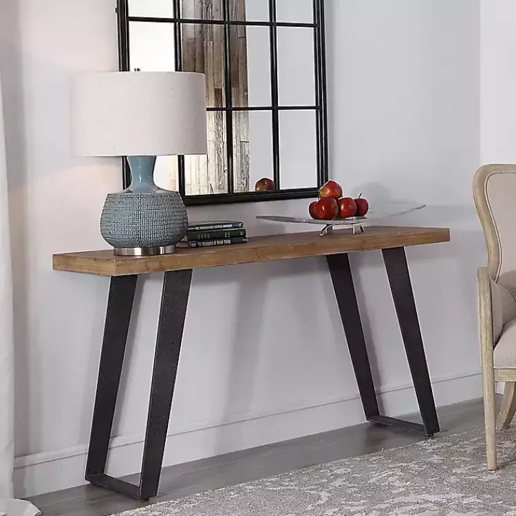 Console Tables-Kirklands Home Weathered Oak and Metal Console Table Tan