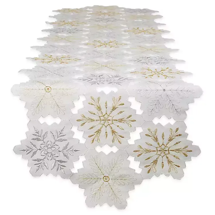 Table Linens-Kirklands Home White Embroidered Snowflakes Table Runner