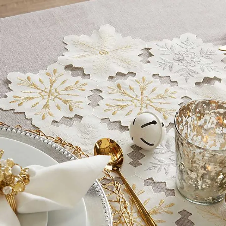 Table Linens-Kirklands Home White Embroidered Snowflakes Table Runner
