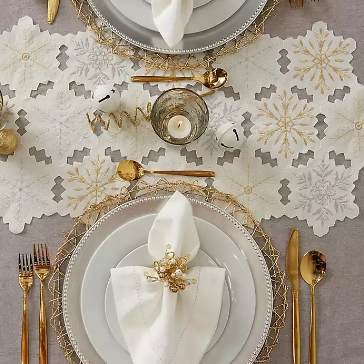 Table Linens-Kirklands Home White Embroidered Snowflakes Table Runner