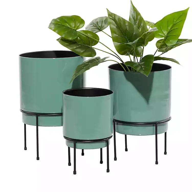Planters-Kirklands Home Teal Metal Round Planters with Stands, Set of 3 Blue