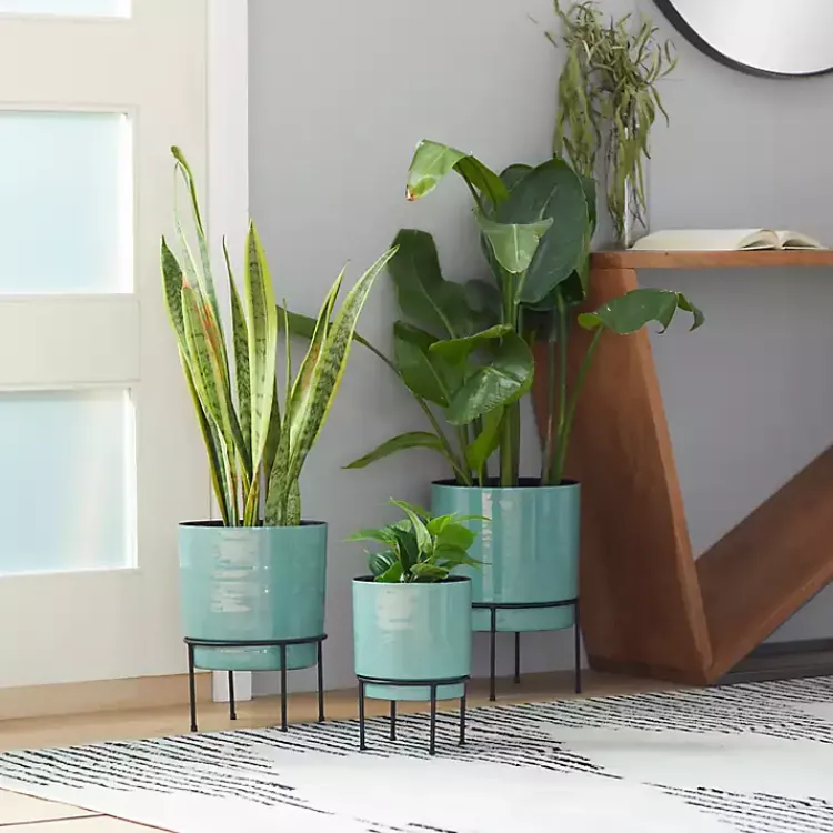 Planters-Kirklands Home Teal Metal Round Planters with Stands, Set of 3 Blue