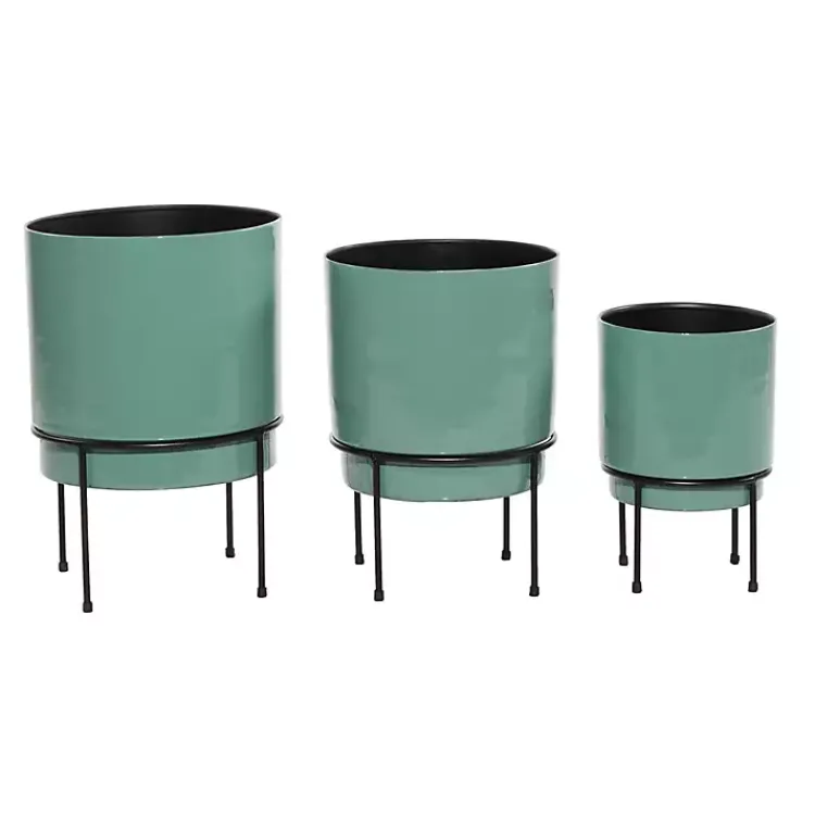 Planters-Kirklands Home Teal Metal Round Planters with Stands, Set of 3 Blue
