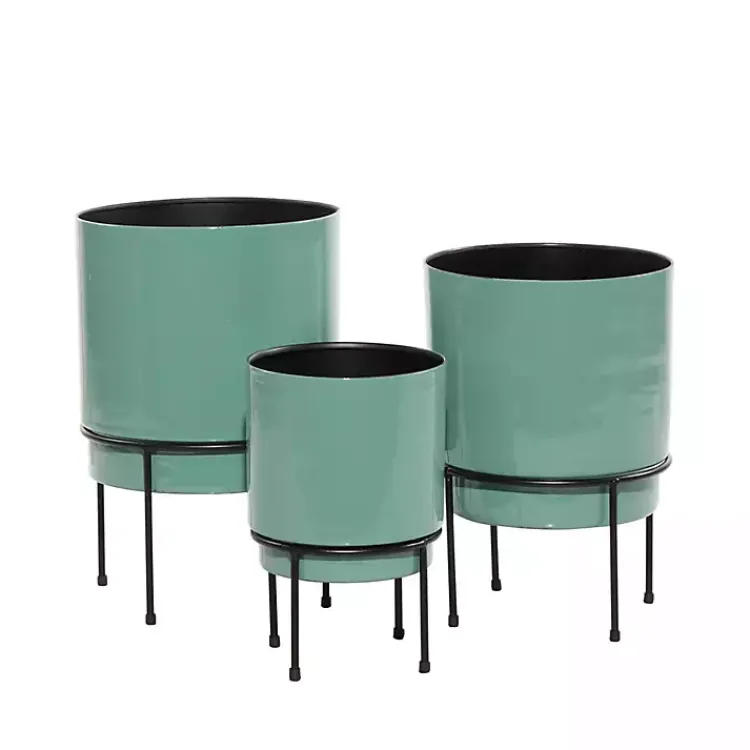 Planters-Kirklands Home Teal Metal Round Planters with Stands, Set of 3 Blue