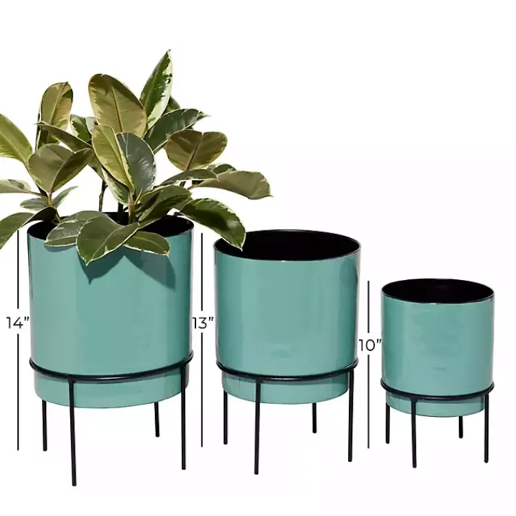 Planters-Kirklands Home Teal Metal Round Planters with Stands, Set of 3 Blue