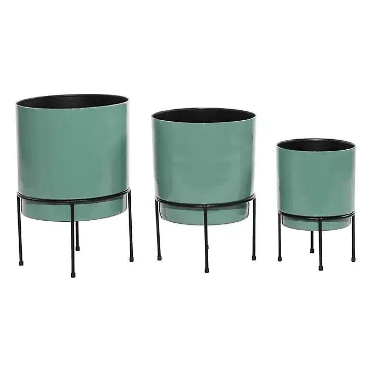 Planters-Kirklands Home Teal Metal Round Planters with Stands, Set of 3 Blue
