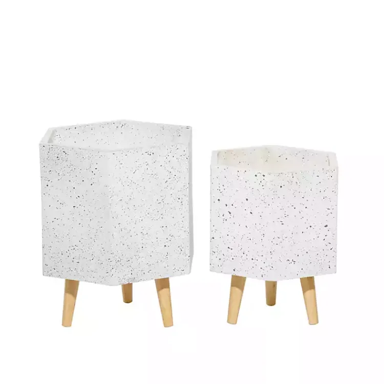 Planters-Kirklands Home Speckled Planters with Wooden Legs, Set of 2 White