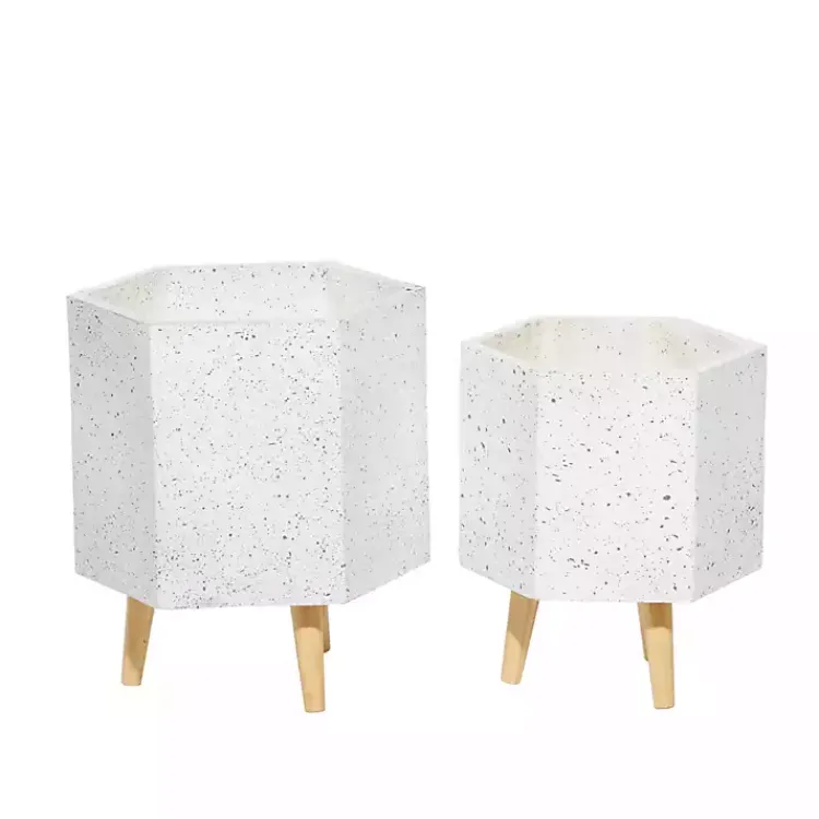Planters-Kirklands Home Speckled Planters with Wooden Legs, Set of 2 White