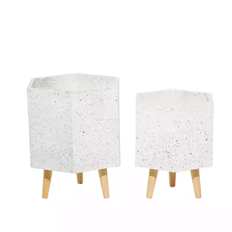 Planters-Kirklands Home Speckled Planters with Wooden Legs, Set of 2 White